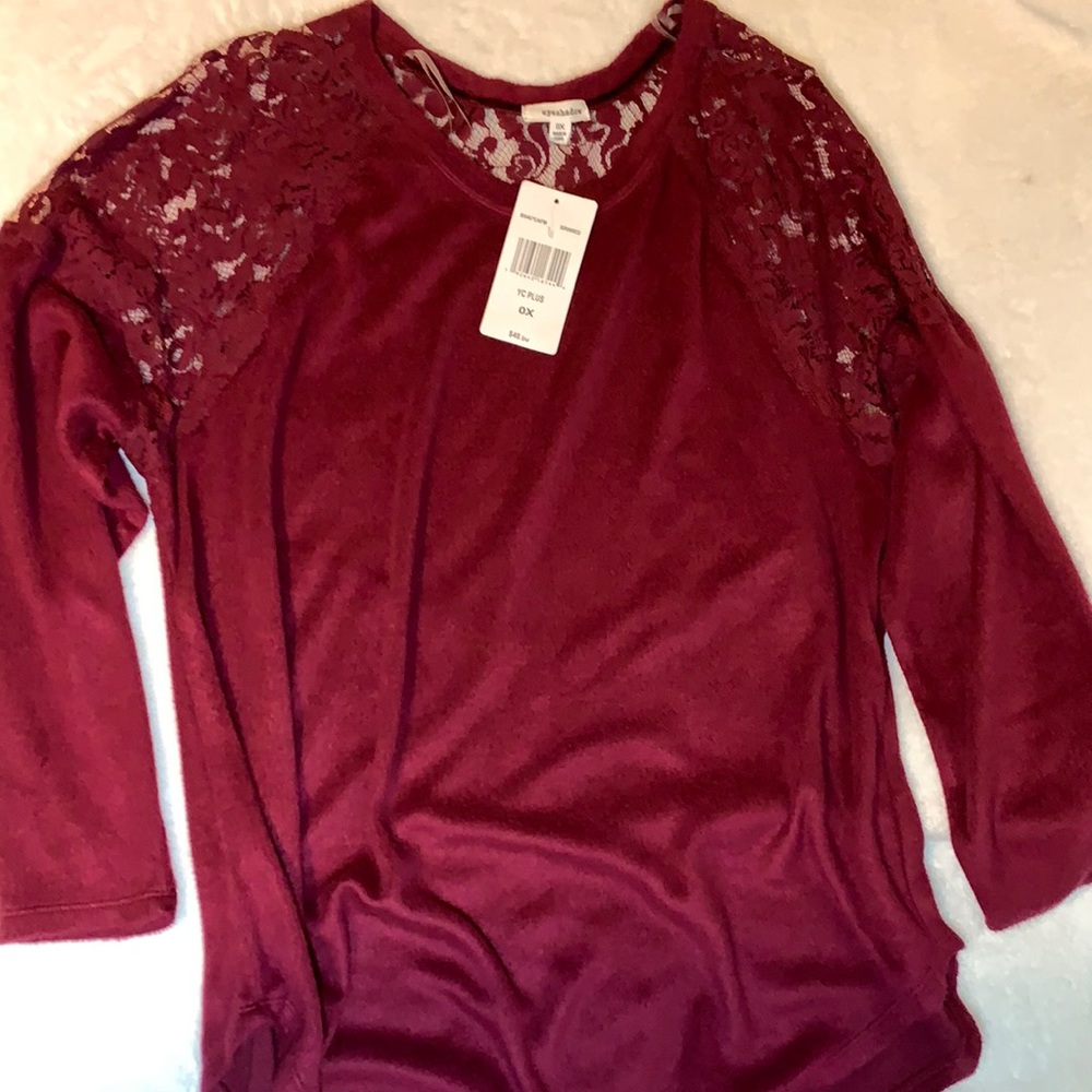 Burgundy sweater this see through lace in the shoulder area